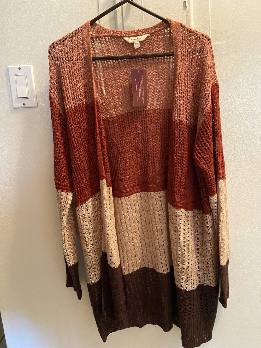 Open-Front Colorblock Knit Cardigan in Rust, Cream & Brown